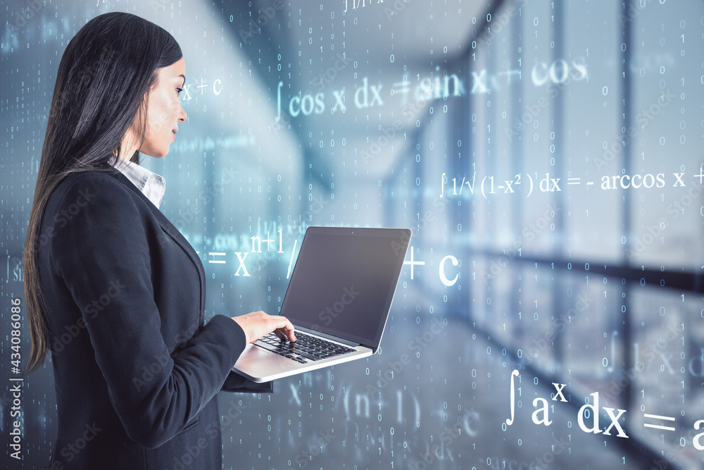 Poster online studying and education concept with businesswoman with laptop in front of digital wall with m