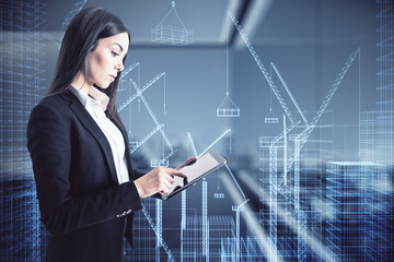 Architecture and smart city concept with architect working with digital tablet on virtual wall with buildings design project.