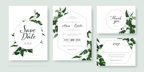 Set of greenery wedding Invitation card, save the date, thank you, rsvp template. Monstera Albo. © negoworks