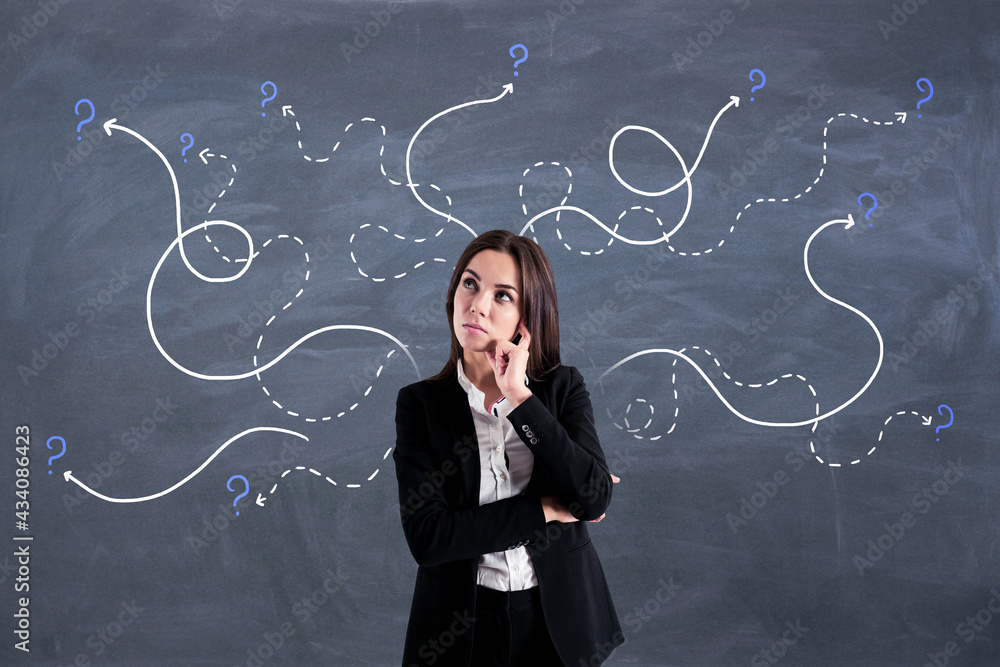 Aufkleber Find a solution concept with pensive businesswoman on blackboard background with curved lines and question marks.