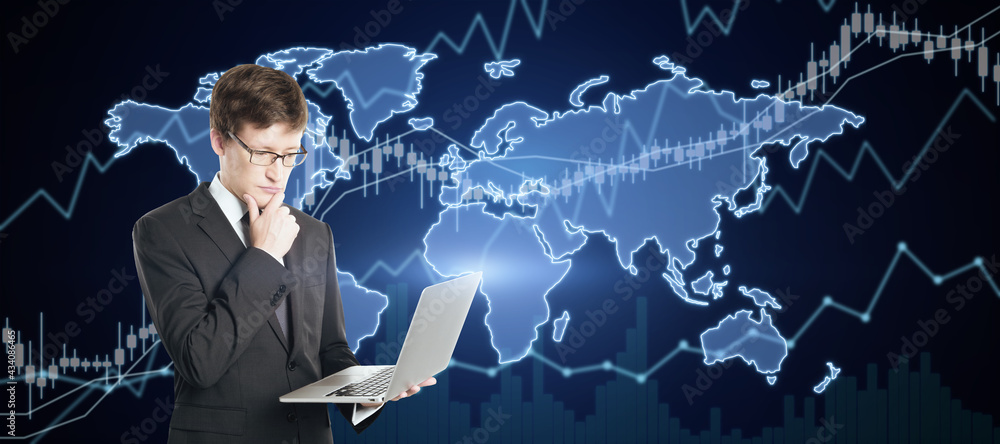 Poster stock market analysis concept with pensive businessman working on laptop on digital wall background 
