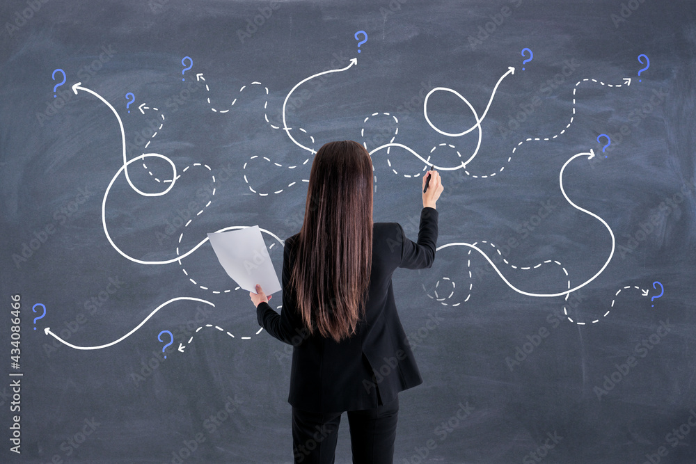 Poster Make decision concept with back view on woman with paper in one hand writing on chalkboard with of curved lines and question marks.