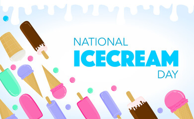 National Ice Cream Day. lettering and holiday illustration. Ice cream, popsicle, cone, popsicle.
