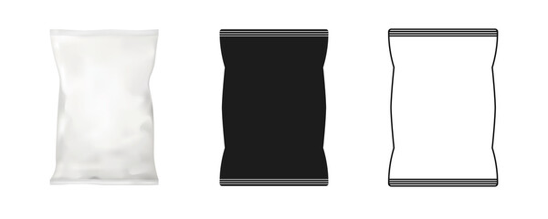 Set transparent and silver metallic colored pillow packages for food production. Food snack pillow bag icon. Outline illustration of food snack pillow bag.