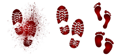 Bloody foot print. Dead, blood, horror and dirty red footstep for halloween party Flat vector pictogram. Scary elements with stain, splatter and streams. Bleeding baby feet.