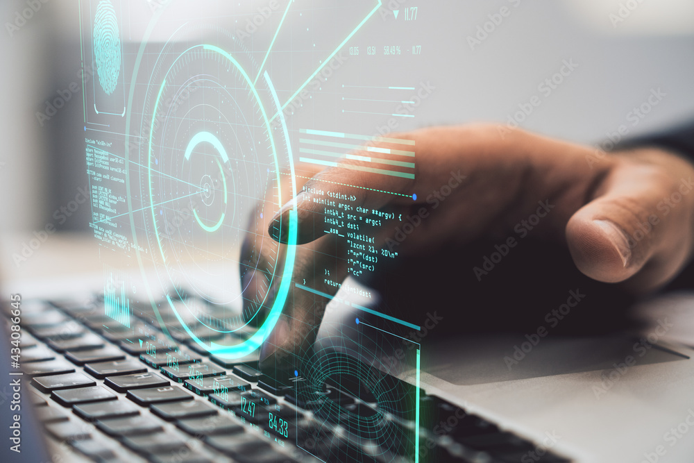 Poster Cyber surveillance concept with hologram of data processing on man hand with laptop background. Double exposure.
