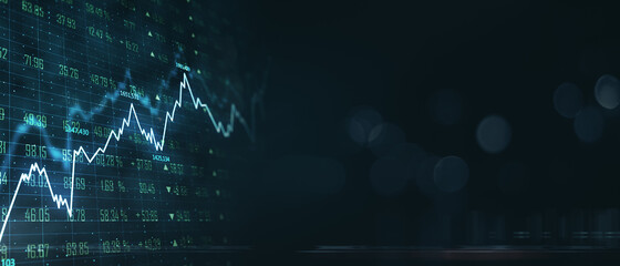 Investing concept with financial chart growing diagram and stock market quotes on blank dark backdrop. 3D rendering, mockup