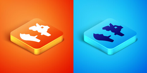 Isometric Broken piggy bank icon isolated on orange and blue background. Icon saving or accumulation of money, investment. Vector