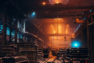 Metallurgical plant. Industrial steel production. Interior of metallurgical workshop inside. Steel...