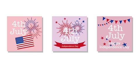 Set of Independence day concept square frames. Decorative Square templated for web, banner, app design. Independence day, Holiday, USA, American, Holiday, 4th July.