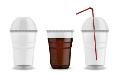 Cup with sphere dome cap. Realistic plastic mug with straw. 3D empty or full of carbonated drink transparent glasses. Disposable tableware for cold beverages. Vector takeaway utensil