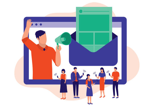 Man Getting People To Sign Up Newsletter. Email Subscribe Concept. Vector Flat Cartoon Illustration. Group Of People Receiving News With Their Smartphone.