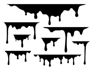 Dripping liquid. Drips black paint silhouette, current drops and stains, graffiti fluid trickles, drip melt flows oil water or syrup. Decor elements collection. Vector isolated set