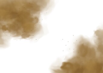 Dust sand cloud. Mud dust splashes, 3d dirty soil particles. Allergic pollution, sandy air smoke background, brown dirt powder from two sides, sandstorm in desert, vector grunge illustration