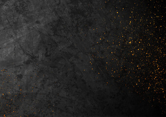 Black grunge texture background with small golden particles. Abstract retro vector design