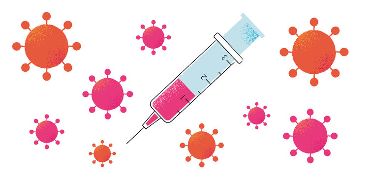 A syringe with Corona vaccine destroys the virus Sars-cov-2. Destruction of the Coronavirus. Victory for the vaccination. Vector illustration.