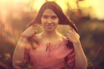 happy girl smiling summer background glare sun rays seasonal warm view