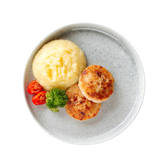 Isolated plate of chicken cutlet with mashed potatoes