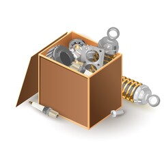 Cartoon big open package of handyman instruments to repair broken things. Vector metal details, bolts. Concept of construction tool, fix, toolbox, spare parts for cars