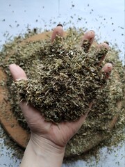 dried herb in hand shredded