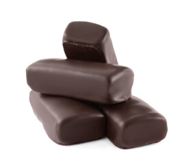 Delicious fresh glazed cheeses on white background