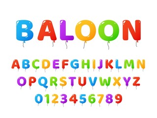 Air balloons font. Colored letters and numbers, party decorative glossy text, childish english alphabet, birthday and celebration typography typescript. Vector isolated abc set