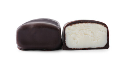 Delicious cut glazed cheeses on white background