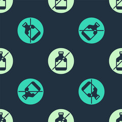 Green and beige No alcohol icon isolated seamless pattern on blue background. Prohibiting alcohol beverages. Forbidden symbol with beer bottle glass. Vector