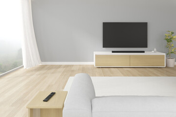 3D rendering of modern living room with sofa and hanging television screen on grey wall.