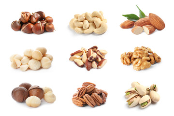 Set with different tasty nuts on white background