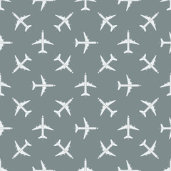 White top aerial view airplane on graye background seamless pattern. Flight concept texture vector illustration.