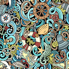 Cartoon doodles Nautical seamless pattern.