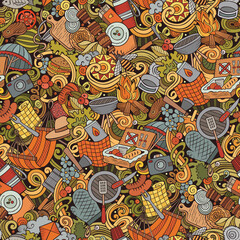 Picnic hand drawn doodles seamless pattern. BBQ background.
