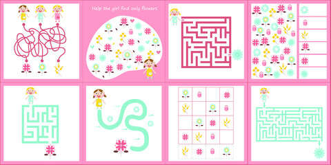 Kids mini games for development. Maze. I spy. Count the flowers. Colorful vector illustration in flat style.