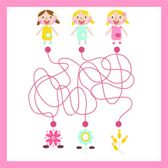 Kids mini games for development. Maze with flowers. Colorful vector illustration in flat style.