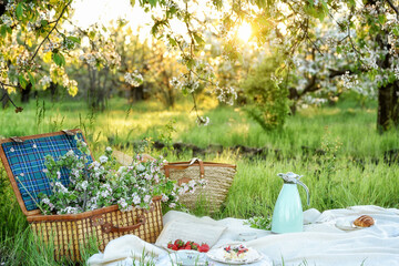 Cute picnic in the spring garden.
