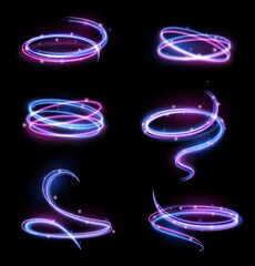 Shiny swirls. Glowing swirl lines with glowing magic particles, blue and purple color scheme, neon twisted energy rings, sparkles lights. Long exposure vector realistic isolated set