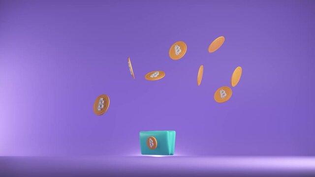 Blue Bitcoin wallet on pink minimal background with levitating coins. Cryptocurrency finance transactions made using blockchain technology. Mining btc 3d render in cartoon style