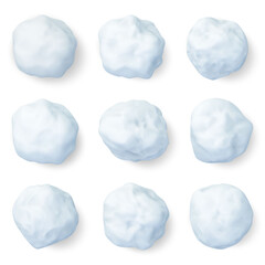 Realistic snowballs. Winter frozen snow ball, christmas snowy decorations or kids winter snowballs game elements vector illustration set. White 3d snowballs