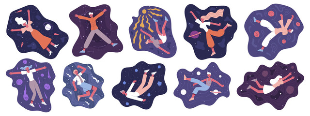 Characters flying in space. People flying in outer space, men and women floating in imagination or dream vector illustration set. Space floating people