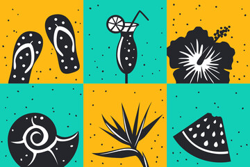 summer time beach travel cards background template with decoration objects in black and white, flip flops, cocktail drink, bird of paradise, hbiskus flower, seashell, watermelon. © VecTerrain