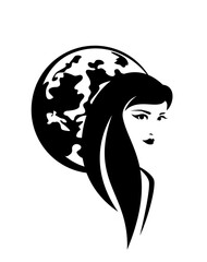 beautiful young woman with long hair and full moon - nature spirit concept black and white vector portrait design
