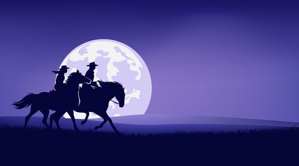cowboy and cowgirl riding horse in prairie against full moon - romantic legend wild west scene silhouette landscape vector design