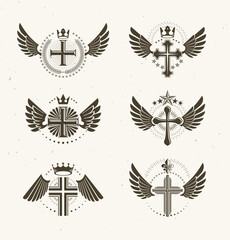 Fototapeta na wymiar Religion crosses logos big vector set, vintage heraldic Christian emblems collection, classic style heraldry design elements, ancient designs, belief.