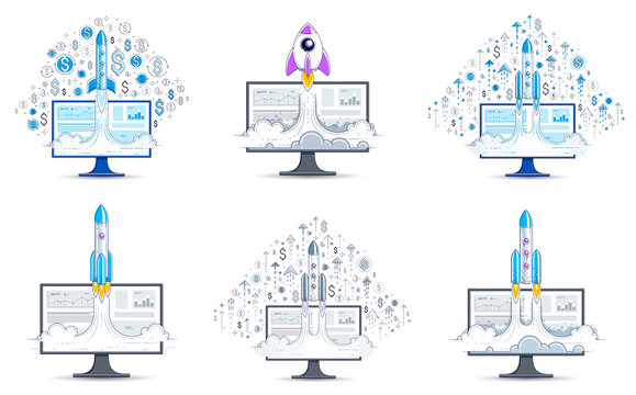 Startup idea business concepts vector illustrations set, image collection with rocket launch over PC computer monitor and a lot of different icons and symbols.
