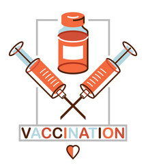 Vaccination theme vector illustration of a syringe with vial isolated over white, epidemic or pandemic coronavirus covid 19 or flu or SARS or any other vaccine, pharmacology concept.