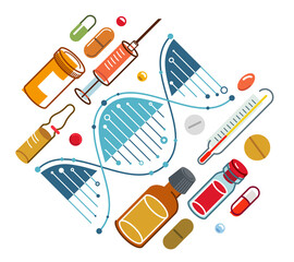 DNA strand based medical theme composition with lots of different drugs and meds vector illustration isolated, drugstore or medical biotechnology scientific research.