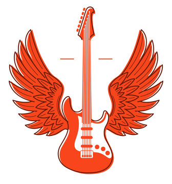 Electric guitar with wings vector emblem for festival or concert or player isolated on white, live music theme, logo for musical recording label, instruments shop.