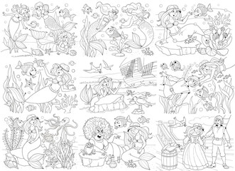 Fototapeta na wymiar Two fairy tales. Three little pigs and little mermaid. Set of cute illustrations for children. Coloring book. Coloring page. Cute and funny cartoon characters