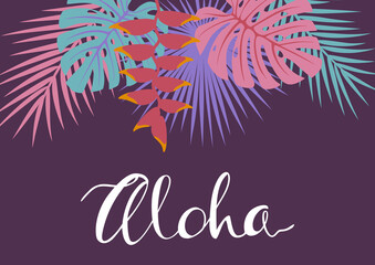 tropical plant monstera plam leaf and flower heliconia art background. hand written aloha lettering
